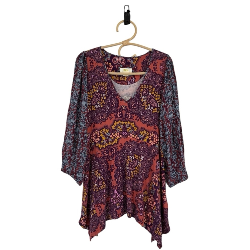 Maeve Anthropologie Summerset Boho Floral Blouse Mixed Print Handkerchief Hem M - Picture 7 of 13